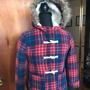 Mini Boden Plaid Wool blend Jacket with fleece lining 9-10y